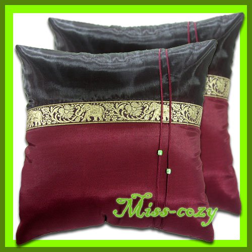 2 THAI SILK CUSHION PILLOW COVER ELEPHANT MAROON / 1127