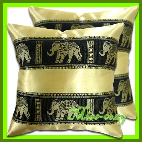 2 THAI SILK CUSHION PILLOW COVER ELEPHANT GOLD / 1132