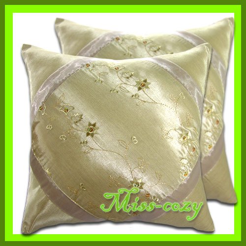 2 THAI SILK THROW CUSHION CASE PILLOW COVER BEIGE / 1141
