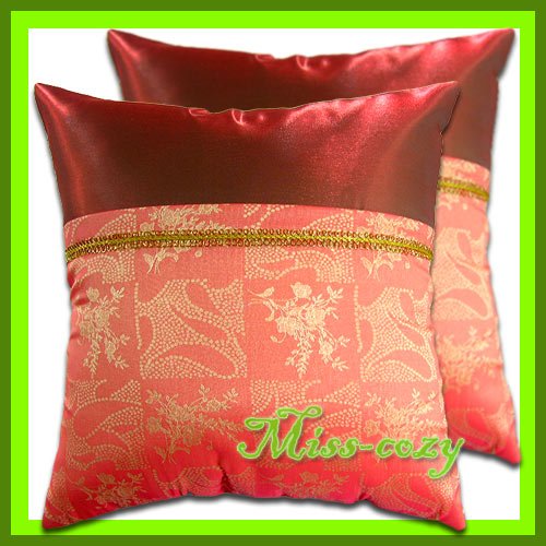 2 THAI SILK THROW CUSHION CASE PILLOW COVER RED-ORANGE / 1147