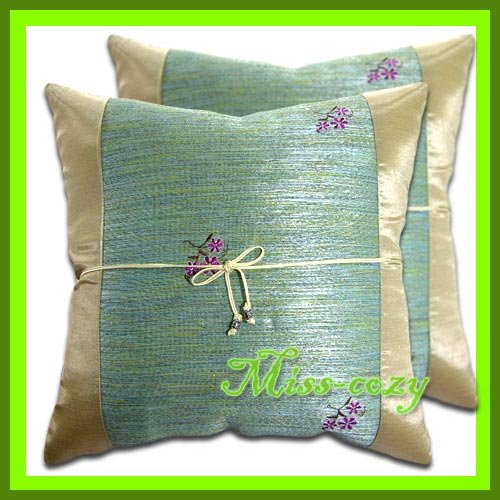 2 THAI SILK CUSHION CASE PILLOW COVER BEIGE FLORAL / 1152