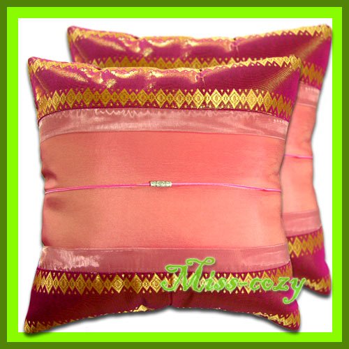 2 THAI SILK THROW CUSHION CASE PILLOW COVER PINK/GOLD / 1162