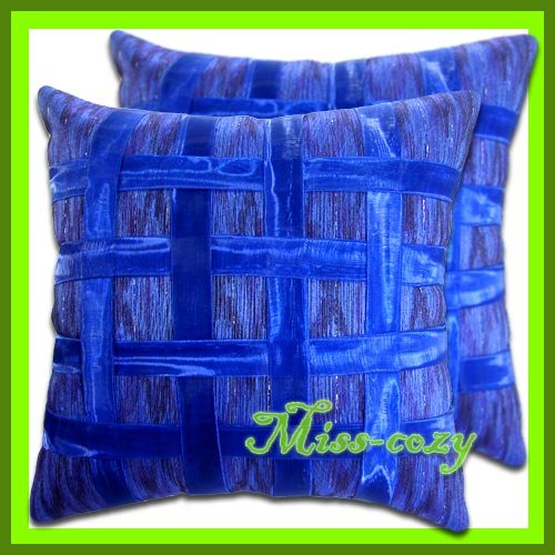 2 THAI SILK CUSHION CASE PILLOW COVER BLUE RIBBON / 1166