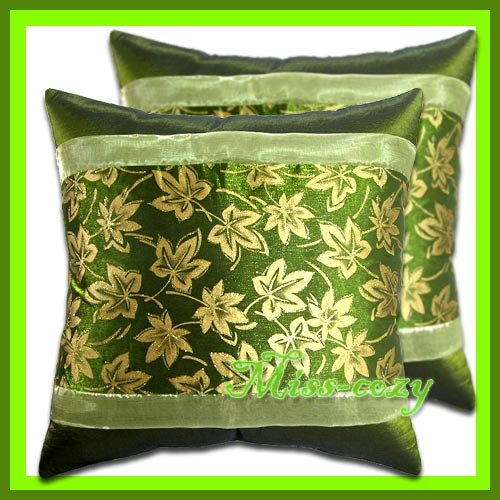 2 THAI SILK CUSHION PILLOW COVER GREEN/GOLD FLORAL / 1172