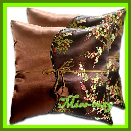 2 THAI SILK BROWN CHINESE CUSHION PILLOW COVER / 1176
