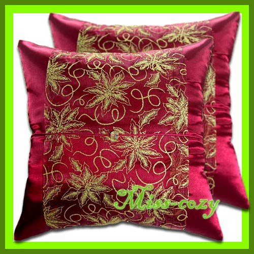 2 THAI SILK CUSHION PILLOW COVER MAROON FLORAL / 1209