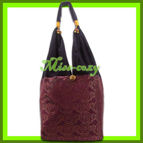 THAI SILK HANDBAG SHOULDER BAG HOBO MAROON-GOLD TOTE / B136