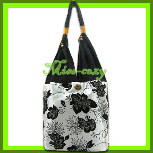 THAI SILK SHOULDER BAG HANDBAG WHITE BIG FLORAL TOTE HOBO / B143