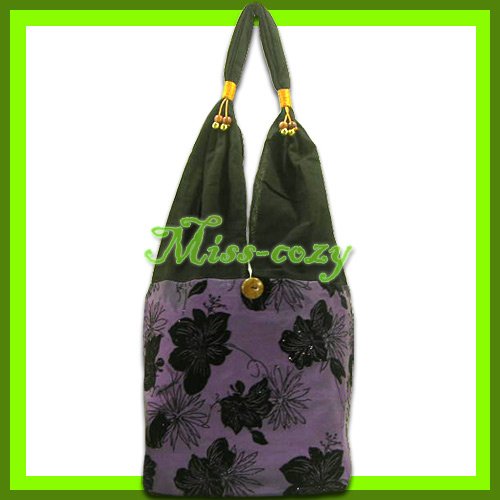 THAI SILK SHOULDER BAG HANDBAG HOBO PURPLE BIG FLORAL TOTE / B145
