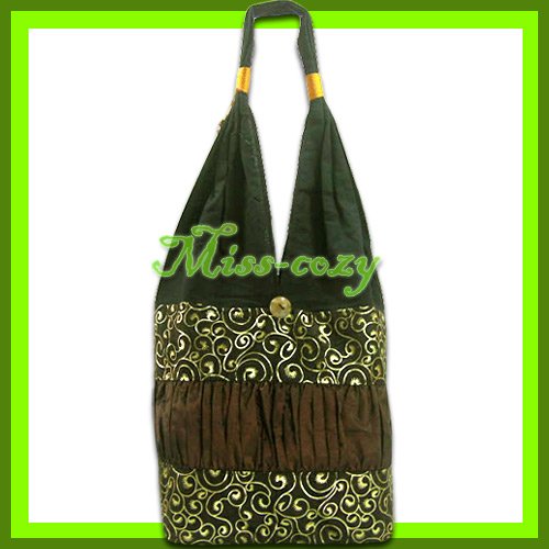 THAI SILK HANDBAG SHOULDER BAG HOBO BROWN GOLD TOTE / B159