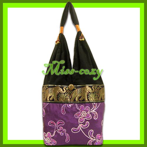THAI SILK SHOULDER BAG HOBO PURPLE EMBROIDERED TOTE / B169