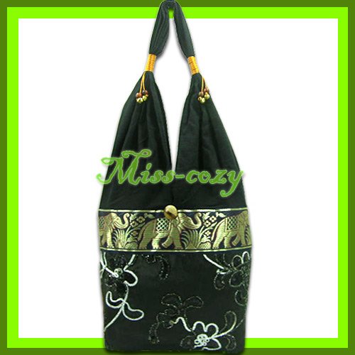THAI SILK SHOULDER BAG HOBO BLACK EMBROIDER TOTE HANDBAG / B170