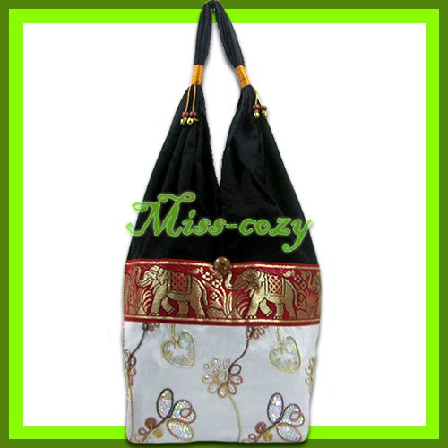 THAI SILK SHOULDER BAG HOBO WHITE LOTUS EMBROIDER TOTE / B171