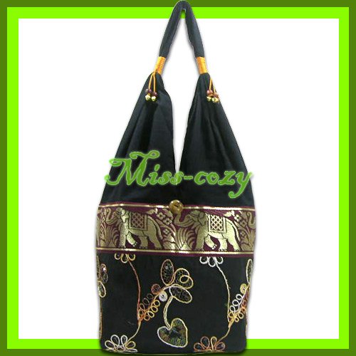 THAI SILK SHOULDER BAG HOBO BLACK LOTUS EMBROIDER HANDBAG / B173