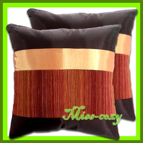 2 THAI SILK CUSHION CASE PILLOW COVER BROWN/GOLD / 1187