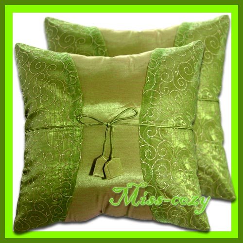 2 THAI SILK THROW CUSHION CASE PILLOW COVER GREEN/GOLD / 1177