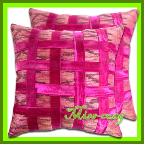 2 THAI SILK CUSHION CASE PILLOW COVER PINK RIBBON / 1168