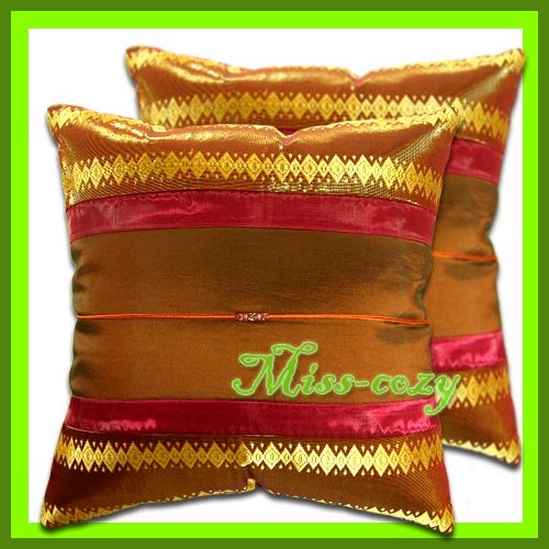 2 THAI SILK CUSHION CASE PILLOW COVER BROWN/GOLD / 1157