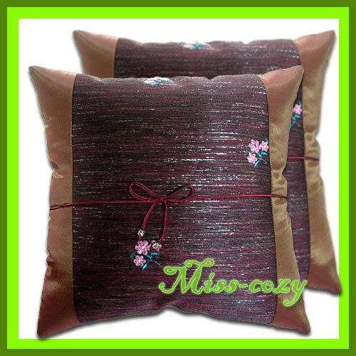 2 THAI SILK CUSHION CASE PILLOW COVER BROWN FLORAL / 1155