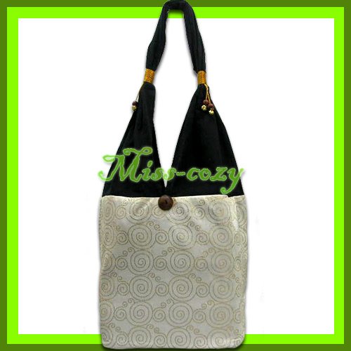 THAI SILK HANDBAG SHOULDER BAG HOBO WHITE GOLD TOTE / B137