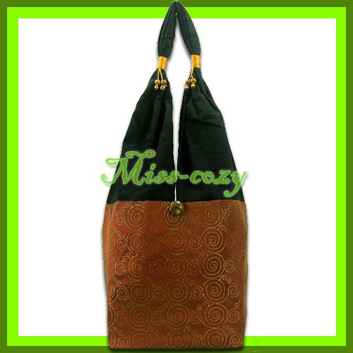 THAI SILK HANDBAG SHOULDER BAG TOTE BROWN GOLD HOBO / B139