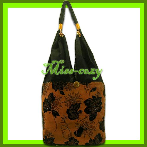 THAI SILK SHOULDER BAG HANDBAG BROWN BIG FLORAL TOTE HOBO / B142