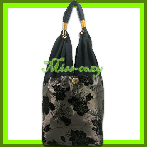THAI SILK SHOULDER BAG COCOA BIG FLORAL TOTE HOBO / B144
