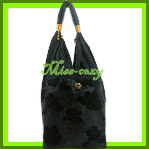 THAI SILK SHOULDER BAG HANDBAG HOBO BLACK BIG FLORAL TOTE / B146