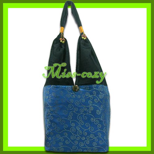THAI SILK HANDBAG SHOULDER BAG HOBO AQUA GOLD TOTE / B156