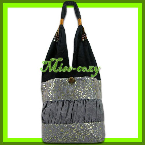 THAI SILK HANDBAG SHOULDER BAG HOBO GRAY GOLD TOTE / B158