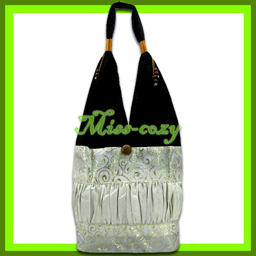 THAI SILK HAND SHOULDER BAG WHITE GOLD TOTE HOBO / B160