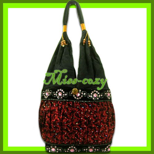 THAI SILK SHOULDER BAG HOBO RED EMBROIDERED TOTE / B162