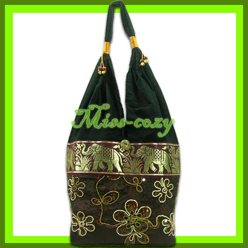 THAI SILK SHOULDER BAG HOBO BROWN EMBROIDERED TOTE / B164