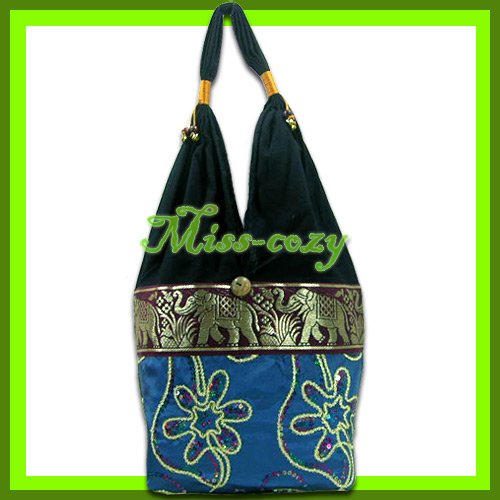THAI SILK SHOULDER BAG HANDBAG HOBO AQUA EMBROIDERED TOTE / B166