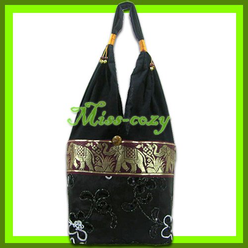 THAI SILK SHOULDER BAG HOBO BLACK EMBROIDER TOTE / B168