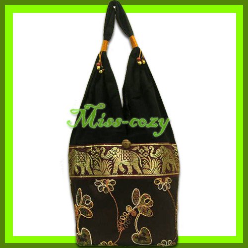 THAI SILK SHOULDER BAG HOBO TOTE BROWN LOTUS EMBROIDER / B172