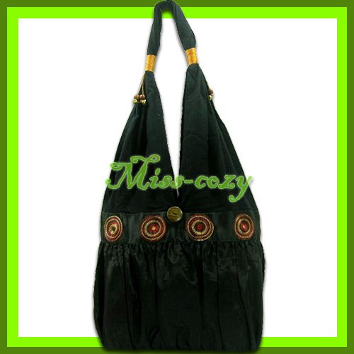 THAI SILK EMBROIDER SHOULDER BAG BLACK HOBO TOTE / B176
