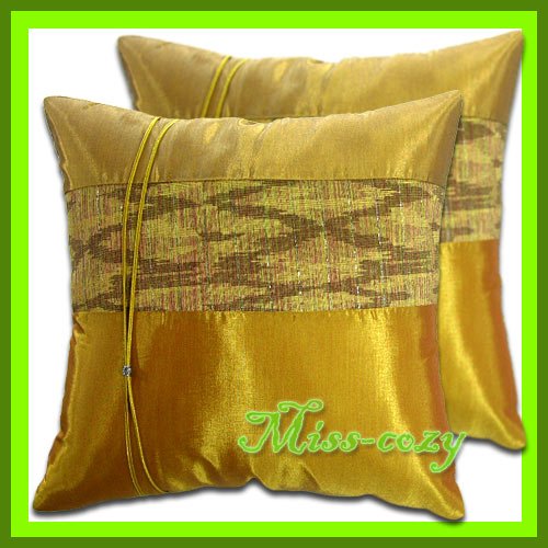 2 THAI SILK THROW CUSHION CASE PILLOW COVER GOLD / 1204