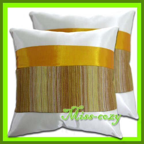2 THAI SILK CUSHION CASE PILLOW COVER WHITE/BROWN / 1186