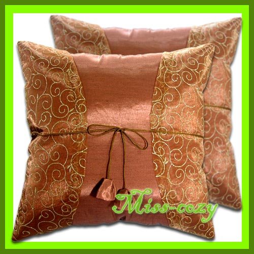 2 THAI SILK CUSHION CASE PILLOW COVER BROWN/GOLD / 1178
