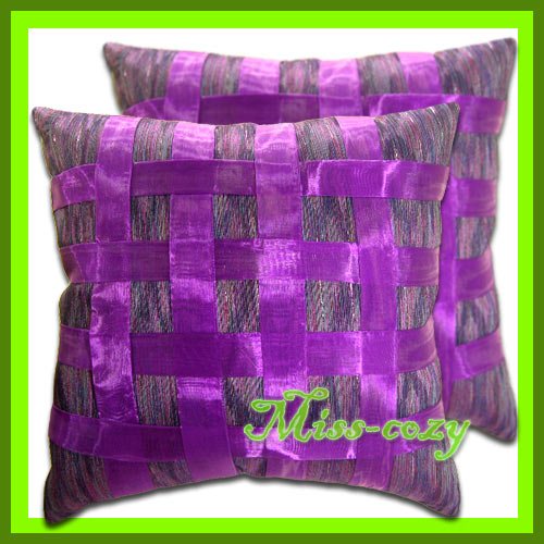 2 THAI SILK CUSHION PILLOW COVER PURPLE RIBBON / 1164