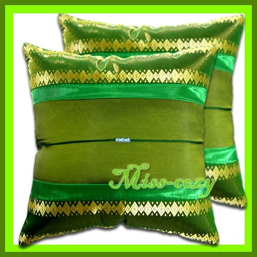 2 THAI SILK CUSHION CASE PILLOW COVER GREEN/GOLD / 1161