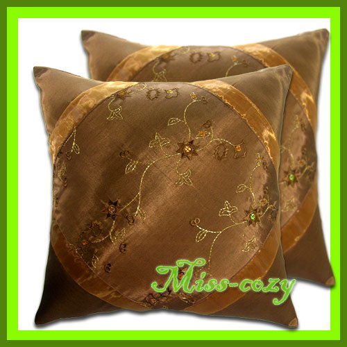 2 THAI SILK CUSHION CASE PILLOW COVER BROWN FLORAL / 1138