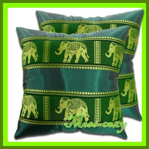 2 THAI SILK CUSHION PILLOW COVER ELEPHANT GREEN / 1133