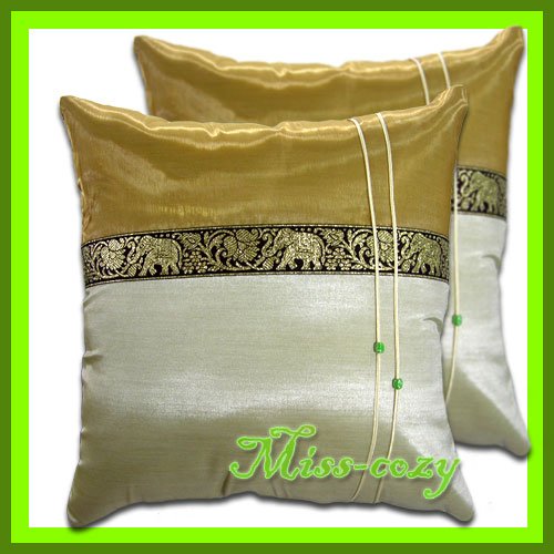 2 THAI SILK CUSHION PILLOW COVER ELEPHANT IVORY / 1131