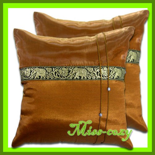 2 THAI SILK CUSHION PILLOW COVER ELEPHANT BROWN / 1128