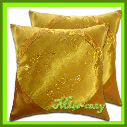 2 THAI SILK CUSHION CASE PILLOW COVER GOLD FLORAL / 1140