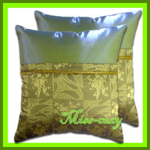 2 THAI SILK CUSHION CASE PILLOW COVER GREEN TWO-TONE / 1144