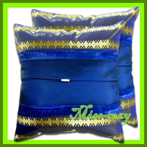 2 THAI SILK CUSHION CASE PILLOW COVER BLUE-GOLD / 1158