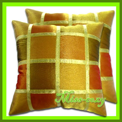 2 THAI SILK CUSHION CASE PILLOW COVER GOLD RIBBON / 1163